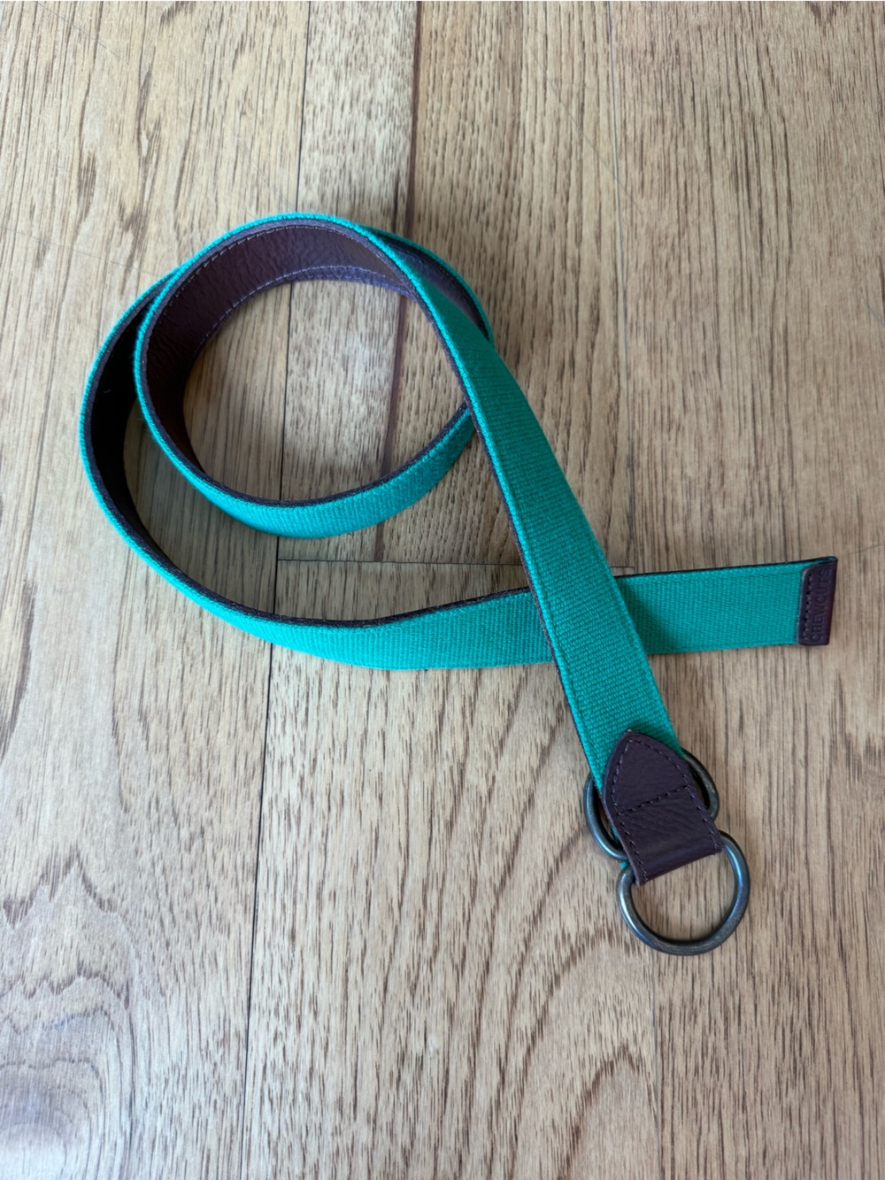 J Crew Green Canvas Double-Ring Belt with Brown Leather, Reversible.